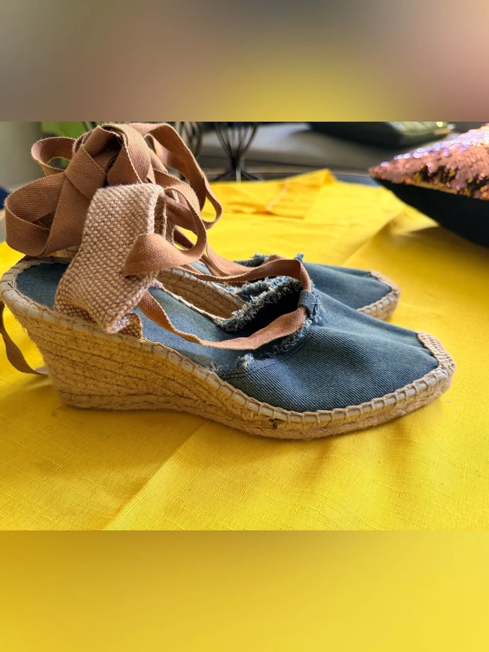 Toms Blue Canvas Espadrille Wrap Sandals with Brown Ties